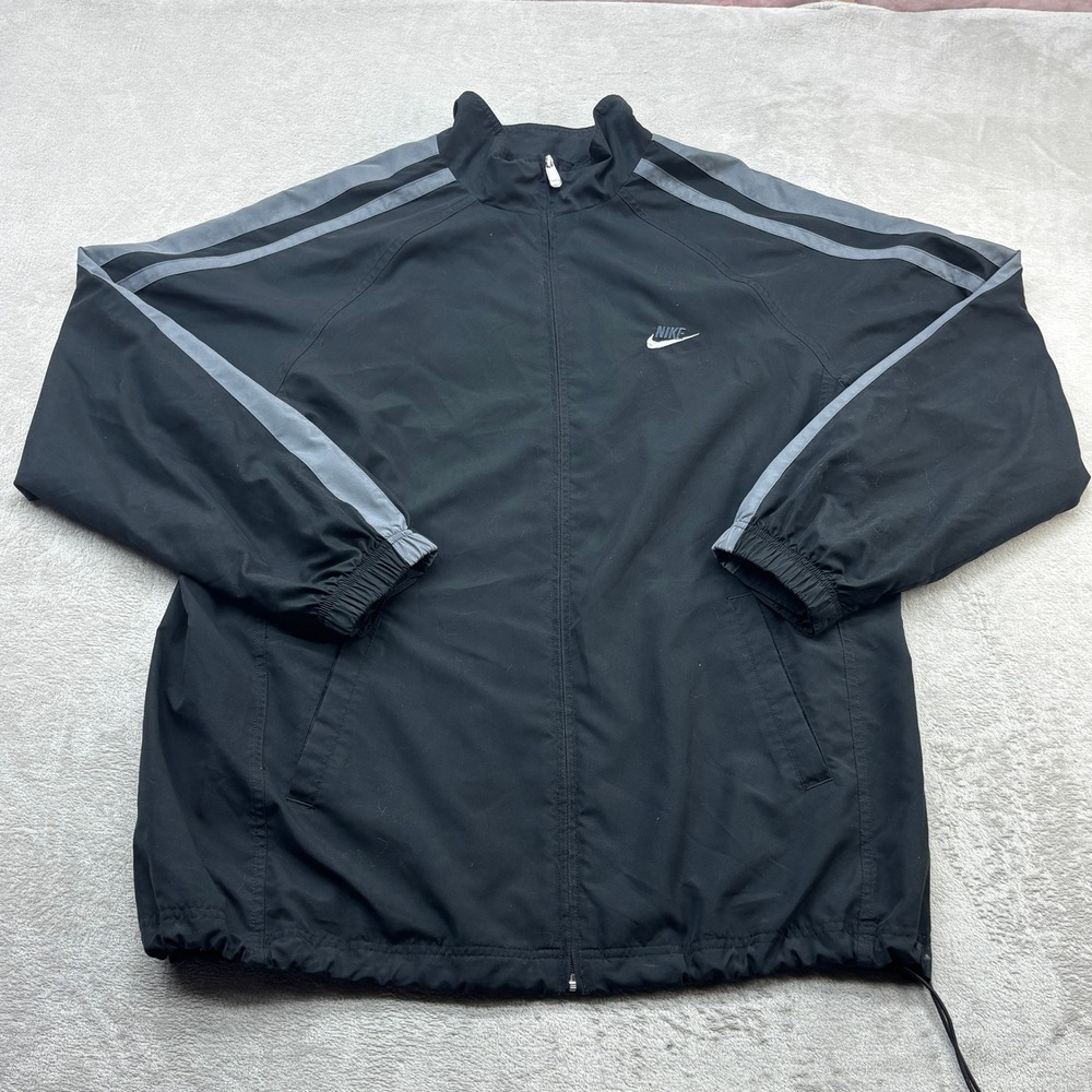 VTG Nike Track Jacket Mens XL Black Grey Stripe Full Zip Mesh Lined Windbreaker
